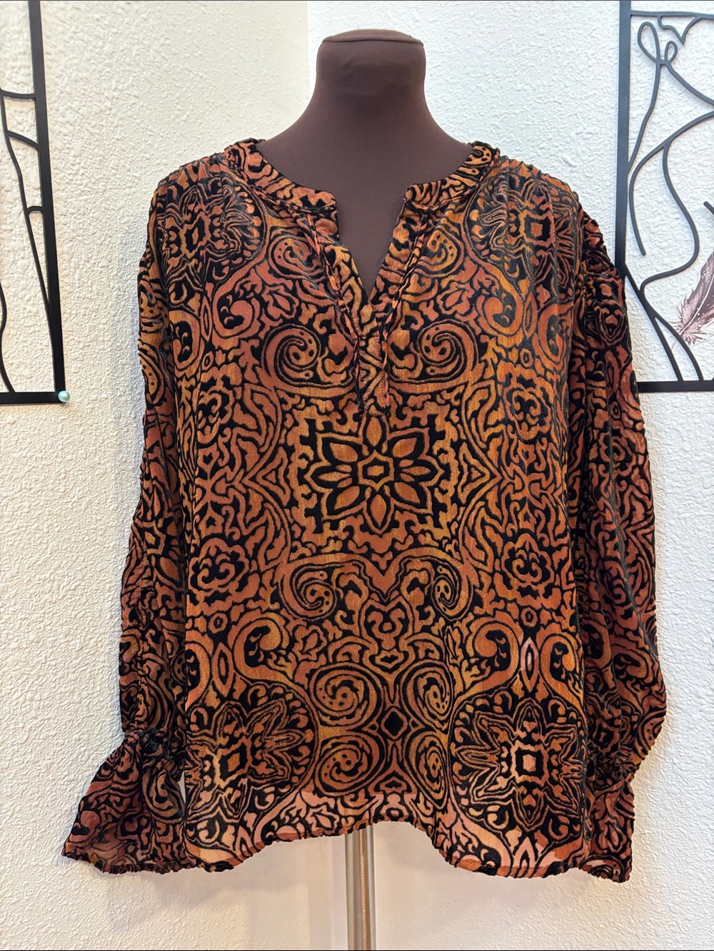 Democracy burnt orange and burnout black velvet semi-sheer blouse. Size M